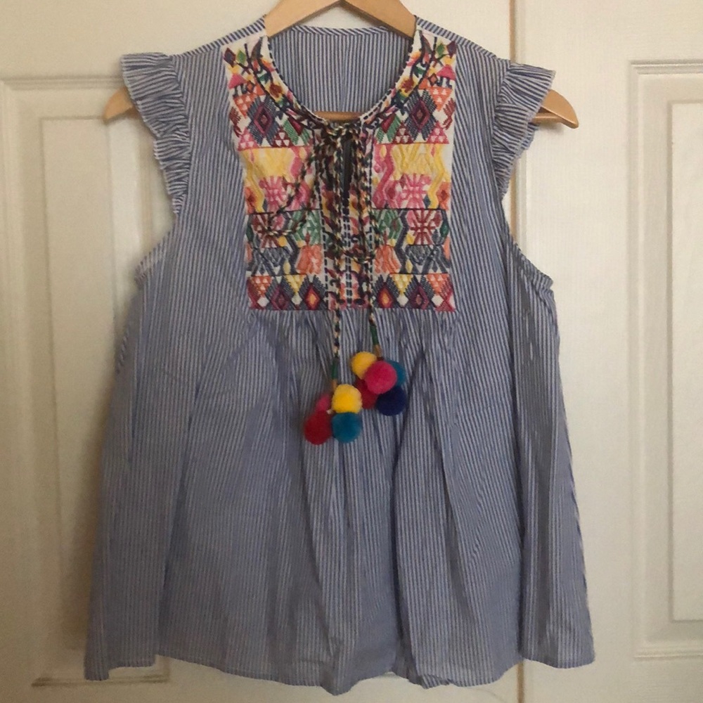 Ruffled Sleeve embroidered tassel top